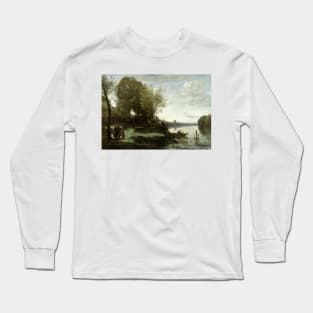 River with a Distant Tower by Jean-Baptiste-Camille Corot Long Sleeve T-Shirt